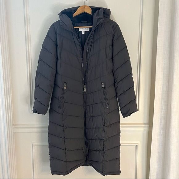 $420 Calvin Klein Stretch Fur Hooded Maxi Puffer Coat in Titanium, Small… - Picture 7 of 16